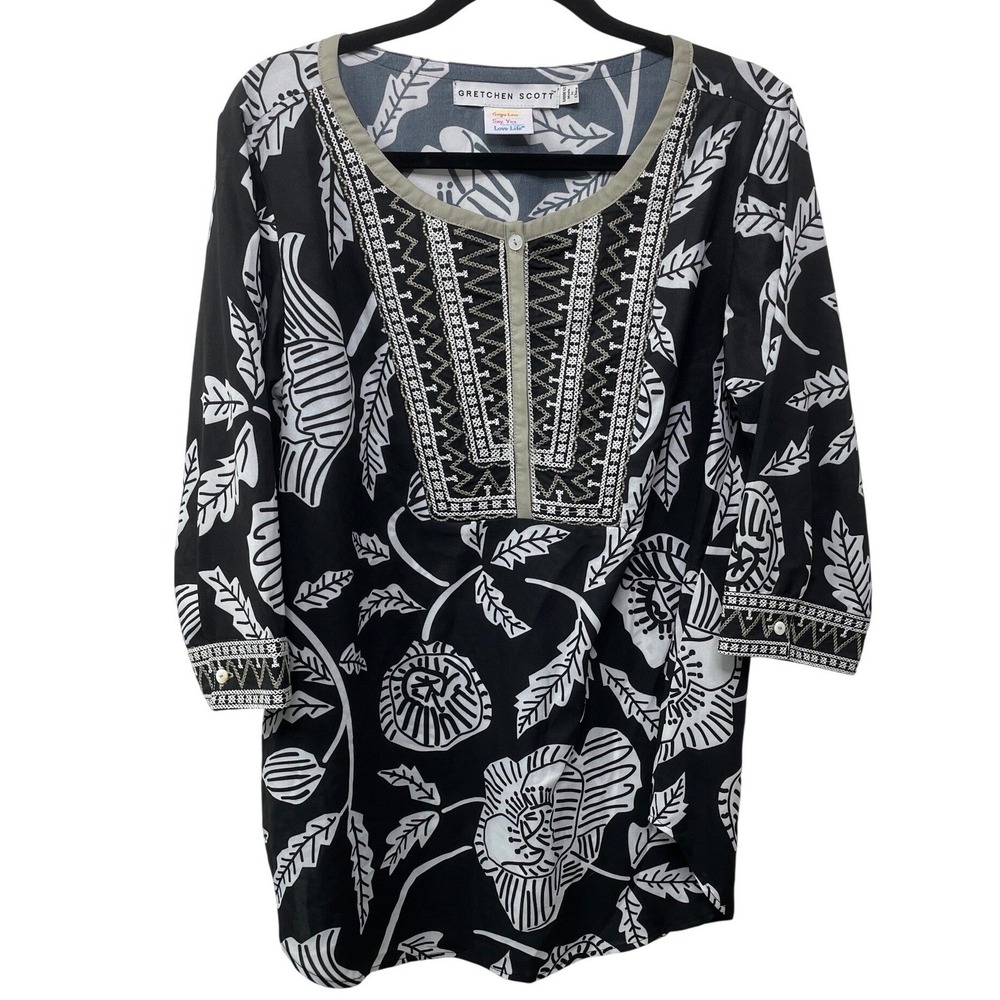 Gretchen Scott‎ Goddess Tunic Top Black White Floral Embroidered 3/4 Sleeve Sz S